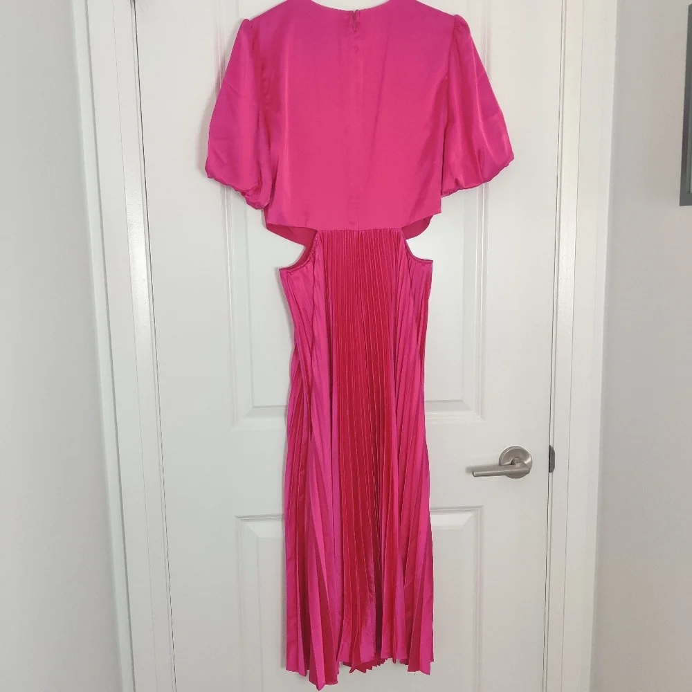 *Adelyn Rae Vibrant Pink Cutout Pleated Satin Dress Balloon Sleeve Size M - Picture 6 of 12